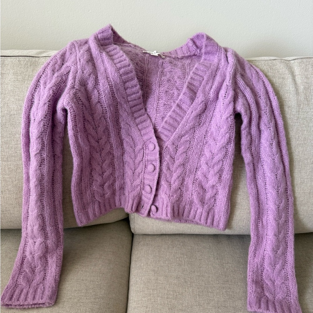 For Love & Lemons Lavender Cable Knit V-Neck Cardigan